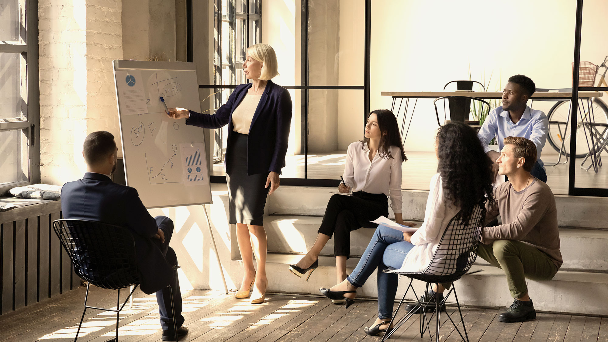 What is strategic leadership - a woman stands at an easel in front of four people sitting in chairs